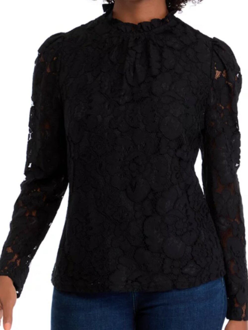 Ultra Pink Black Floral Lace Mock-Neck Long Sleeve Top